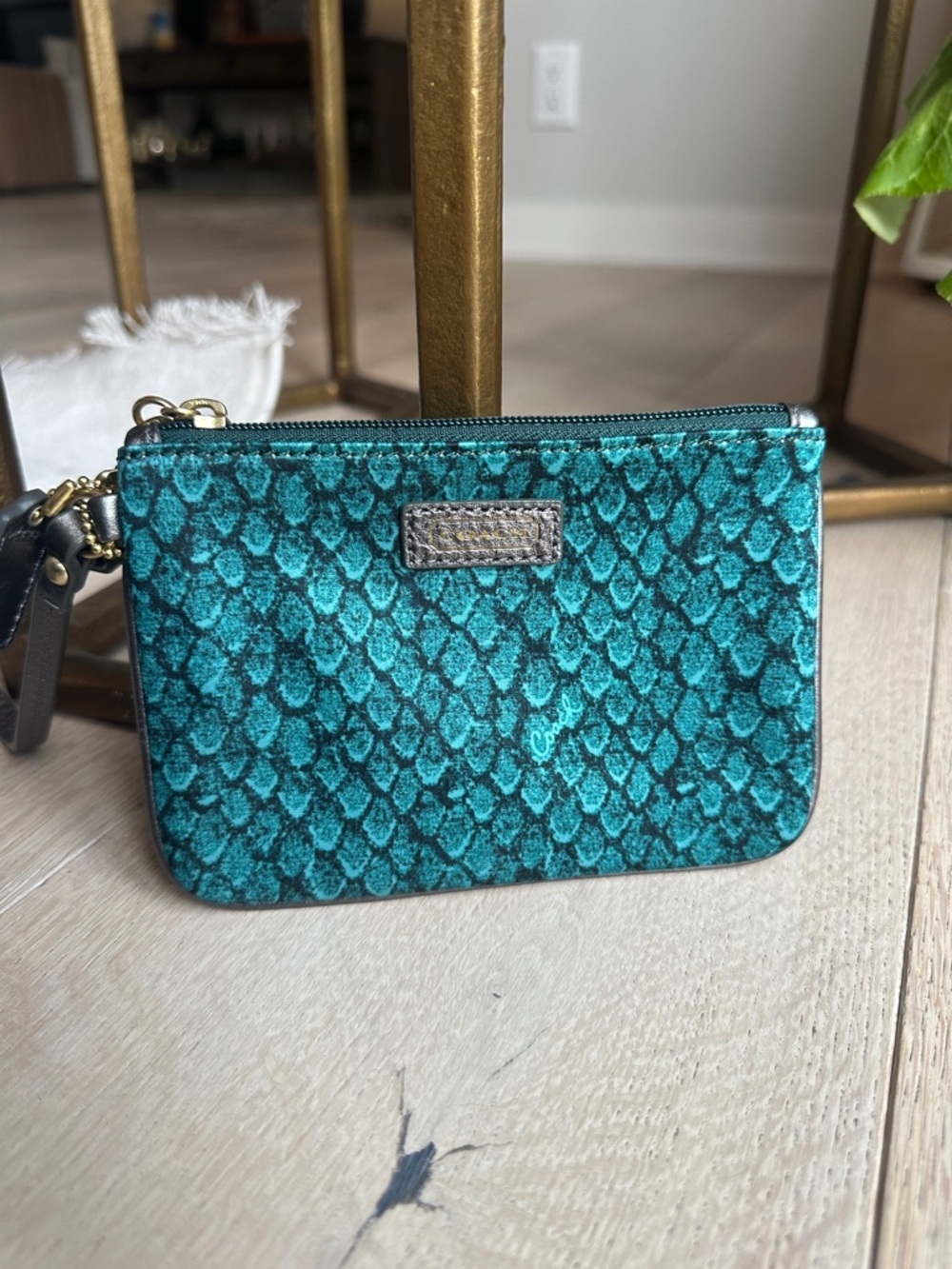 Coach Teal Snake-Embossed Wristlet Wallet